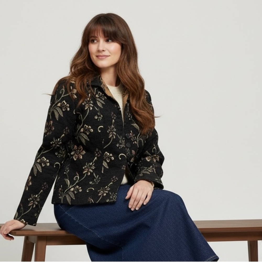Raindrops Black Brown Golden Floral Tapestry Blazer Size XL